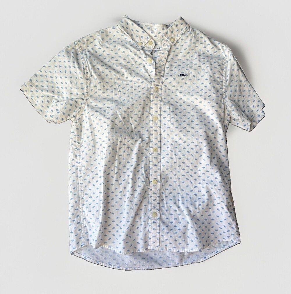 Vineyard Vines Boys Size M Button Down Shirt Short Sleeve White All Over Fish